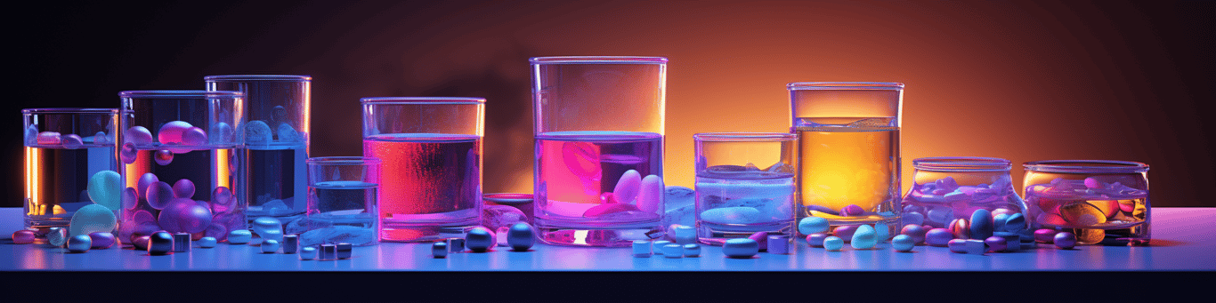 image of drug pills surrounding a glass of water symbolizing drug consumption