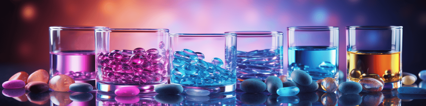 image of drug pills surrounding a glass of water symbolizing drug consumption