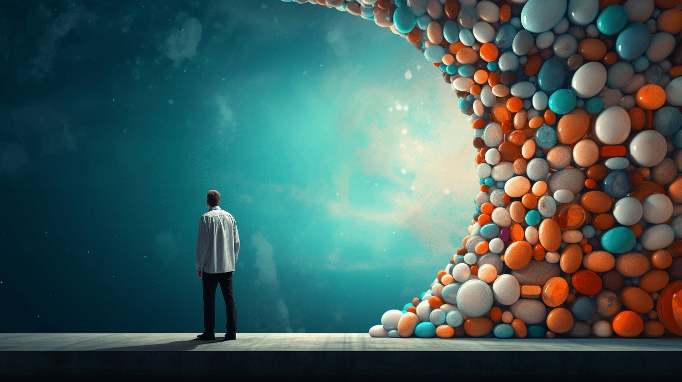 abstract image of a researcher studying a bottle of drug.