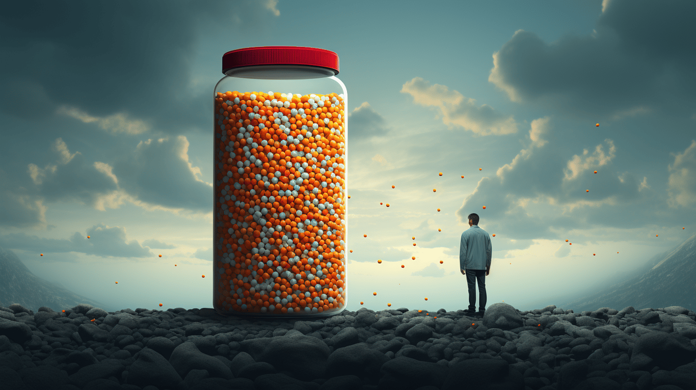 abstract image of a researcher studying a bottle of drug.