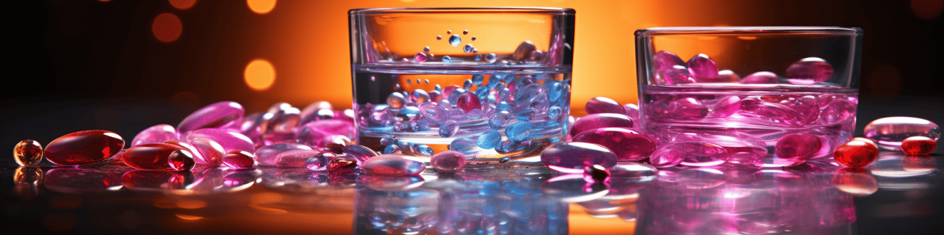 image of drug pills surrounding a glass of water symbolizing drug consumption