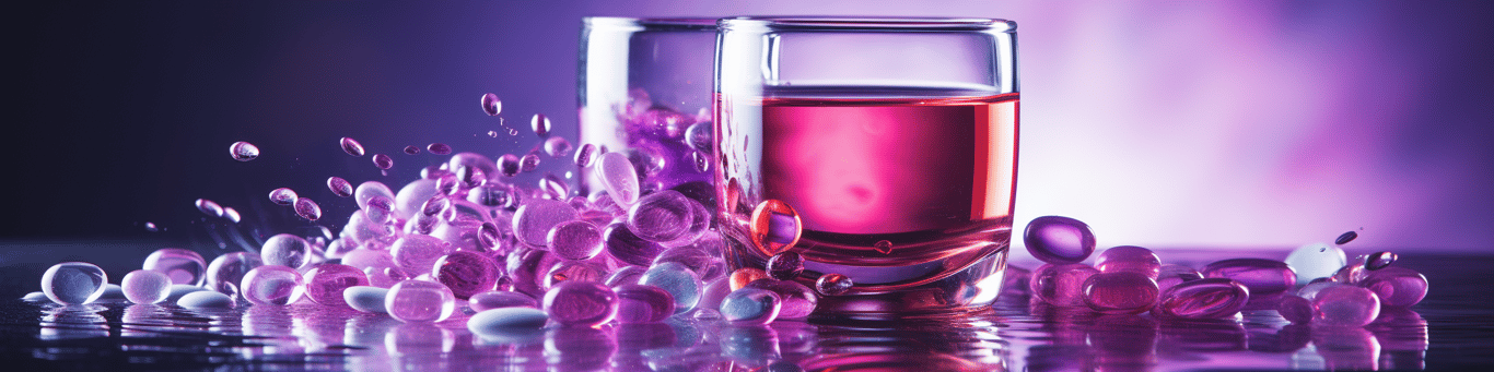 image of drug pills surrounding a glass of water symbolizing drug consumption