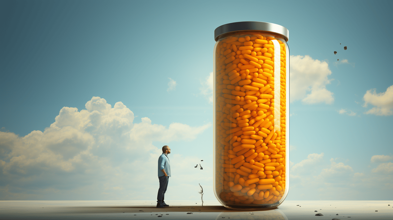 abstract image of a researcher studying a bottle of drug.