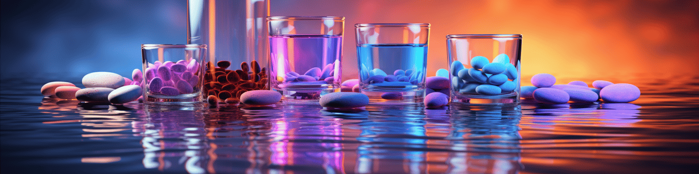 image of drug pills surrounding a glass of water symbolizing drug consumption