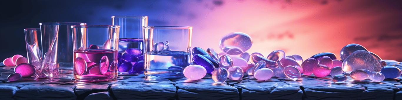 image of drug pills surrounding a glass of water symbolizing drug consumption