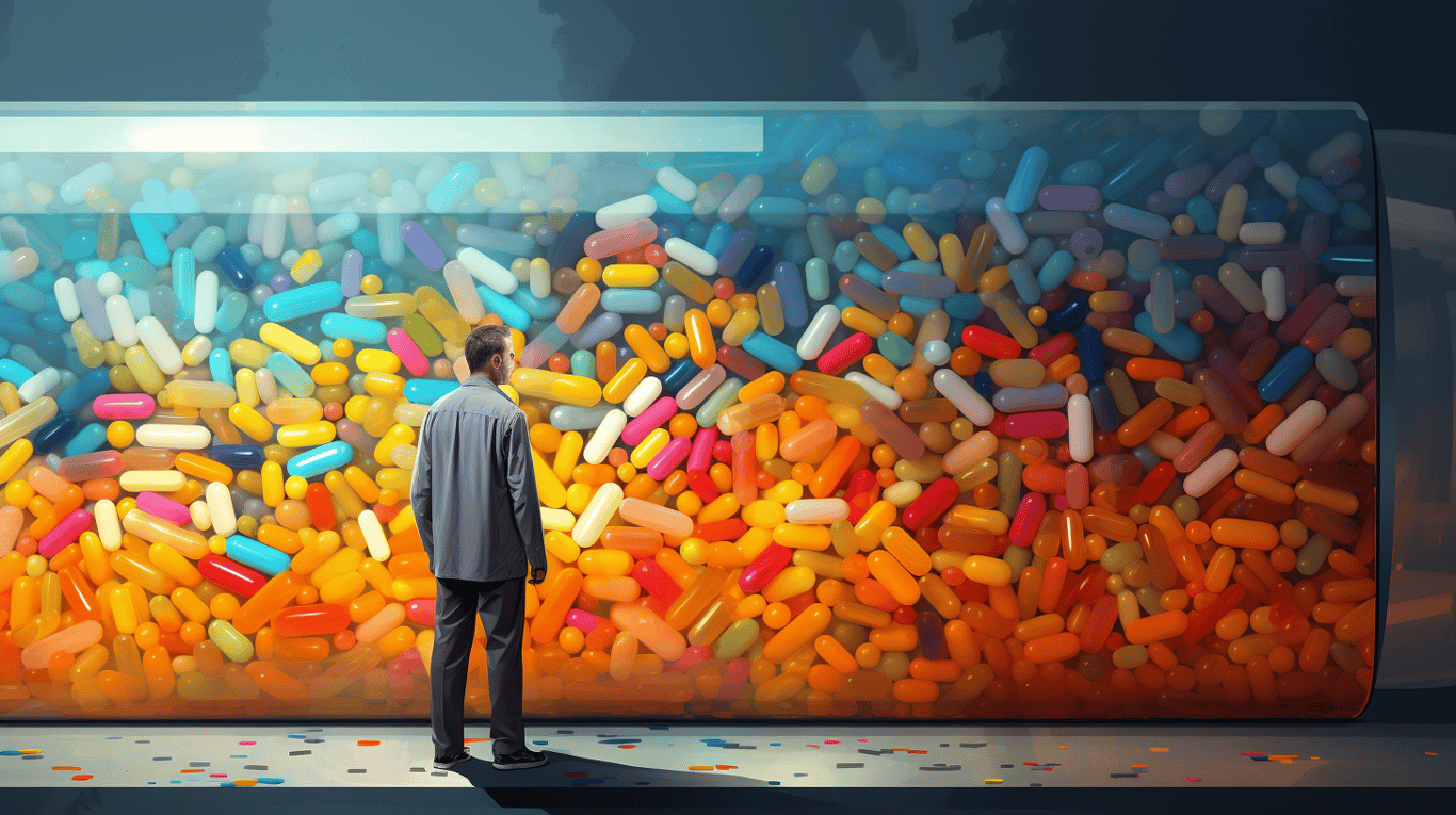 abstract image of a researcher studying a bottle of drug.