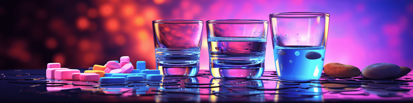image of drug pills surrounding a glass of water symbolizing drug consumption