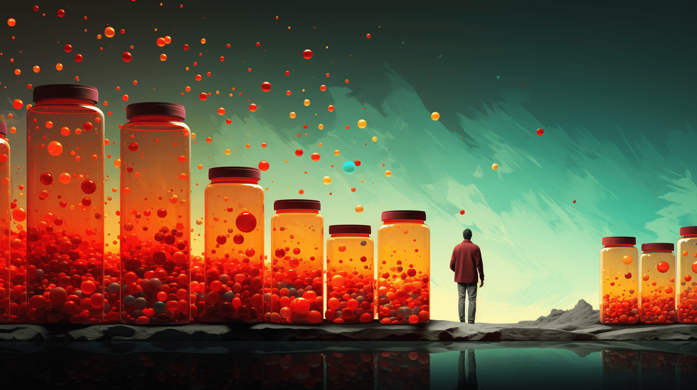 abstract image of a researcher studying a bottle of drug.