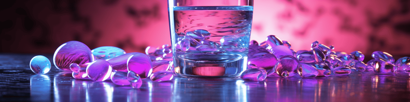 image of drug pills surrounding a glass of water symbolizing drug consumption