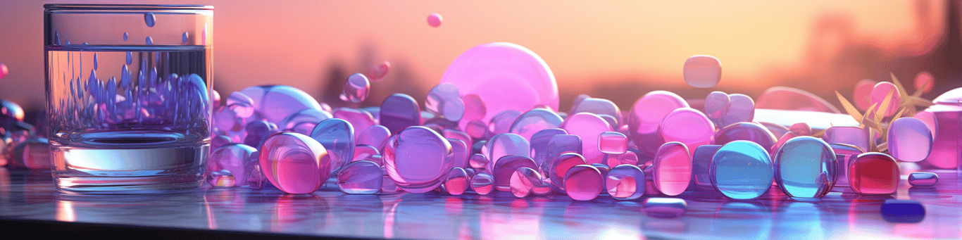 image of drug pills surrounding a glass of water symbolizing drug consumption