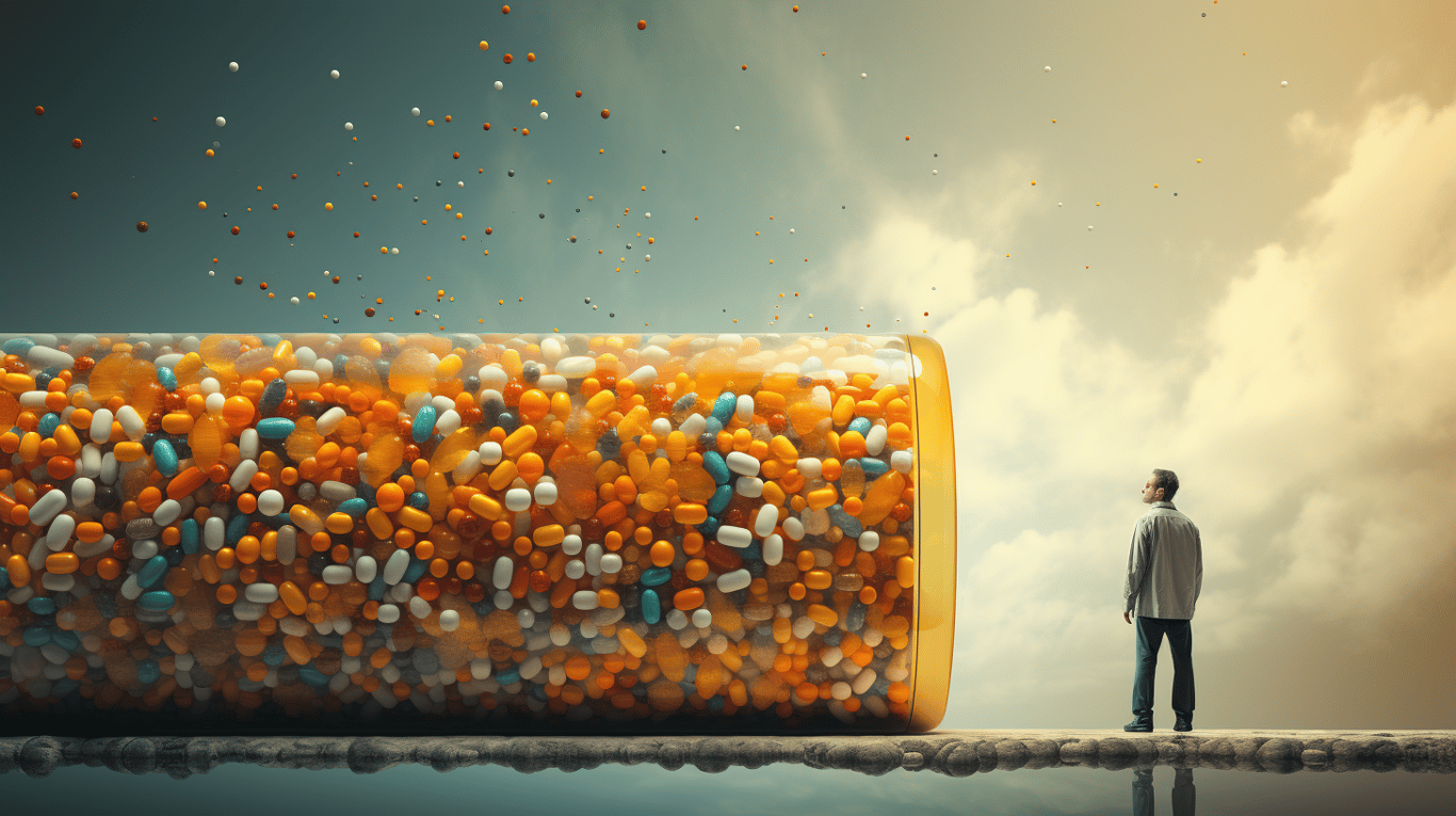 abstract image of a researcher studying a bottle of drug.
