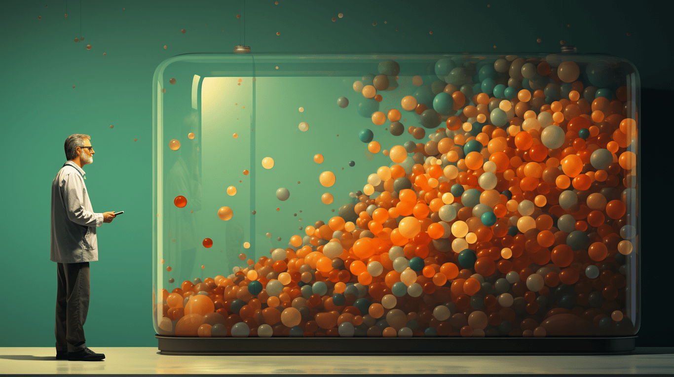 abstract image of a researcher studying a bottle of drug.