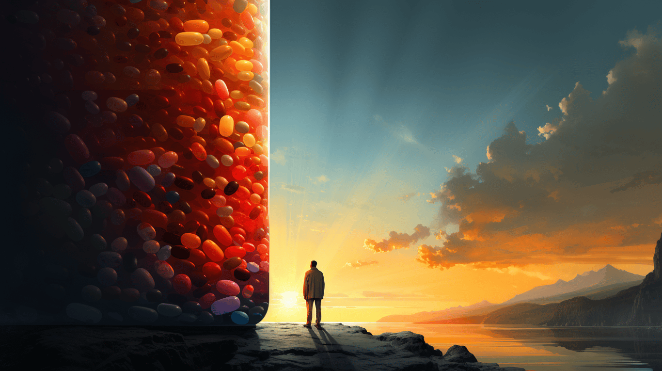 abstract image of a researcher studying a bottle of drug.