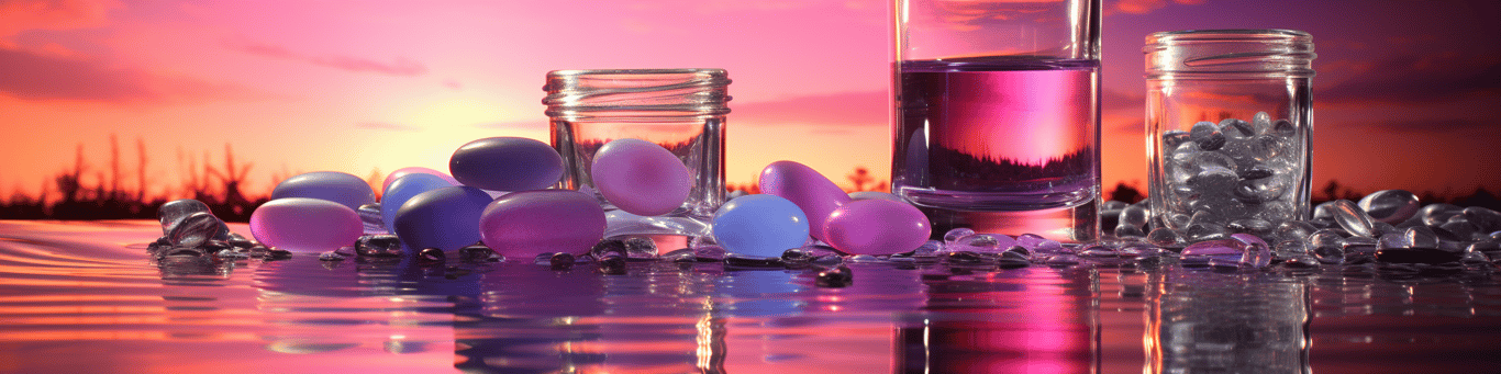 image of drug pills surrounding a glass of water symbolizing drug consumption