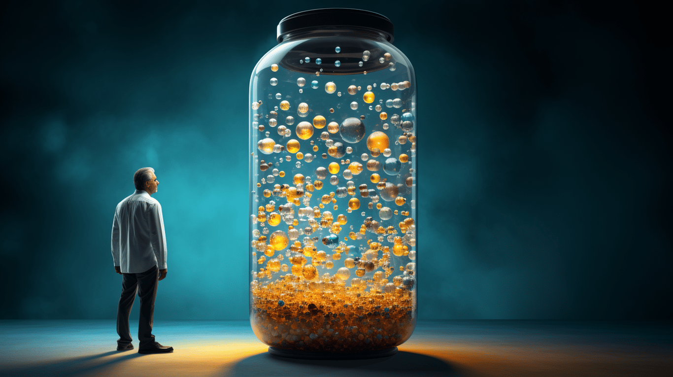 abstract image of a researcher studying a bottle of drug.