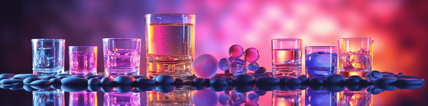 image of drug pills surrounding a glass of water symbolizing drug consumption