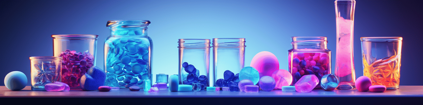 image of drug pills surrounding a glass of water symbolizing drug consumption