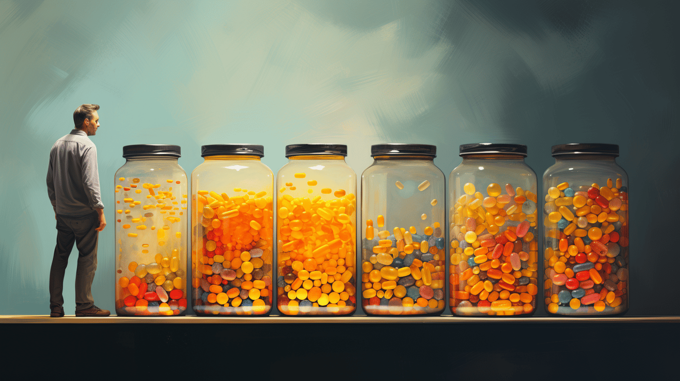 abstract image of a researcher studying a bottle of drug.