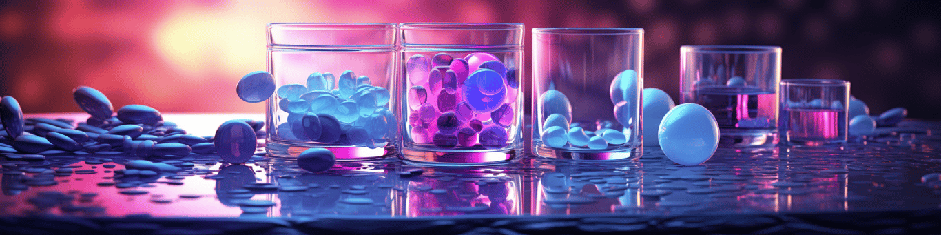 image of drug pills surrounding a glass of water symbolizing drug consumption