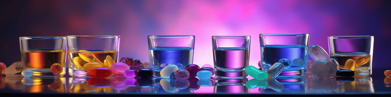 image of drug pills surrounding a glass of water symbolizing drug consumption