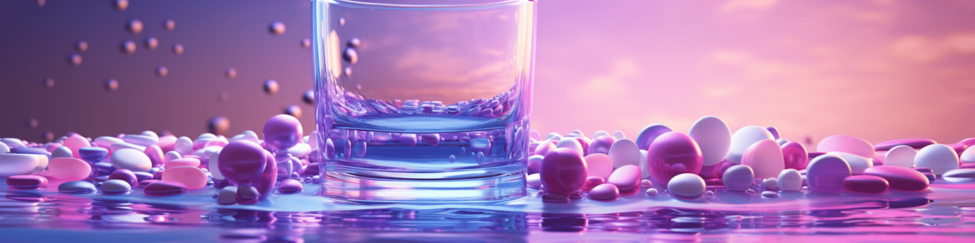 image of drug pills surrounding a glass of water symbolizing drug consumption