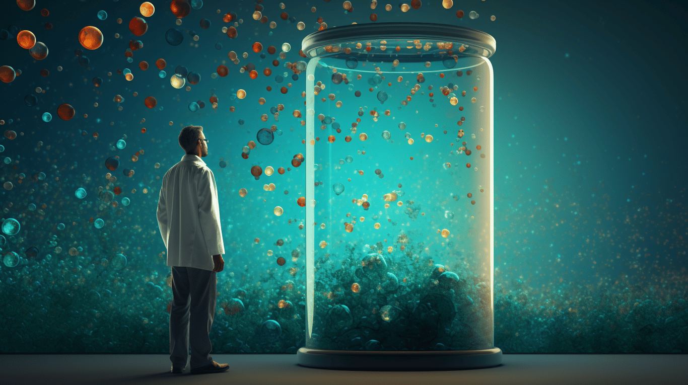 abstract image of a researcher studying a bottle of drug.