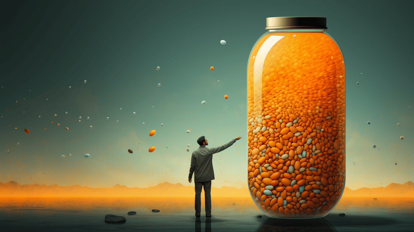 abstract image of a researcher studying a bottle of drug.