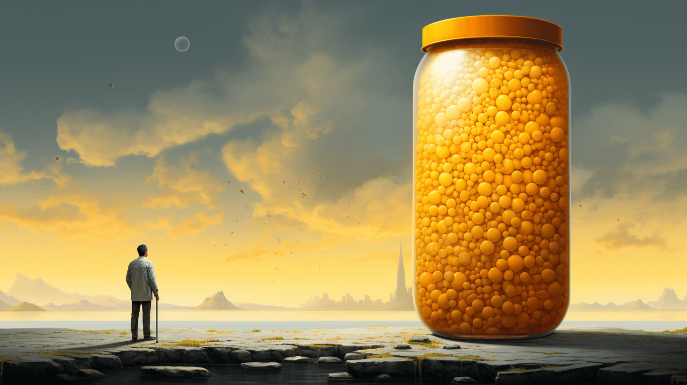 abstract image of a researcher studying a bottle of drug.