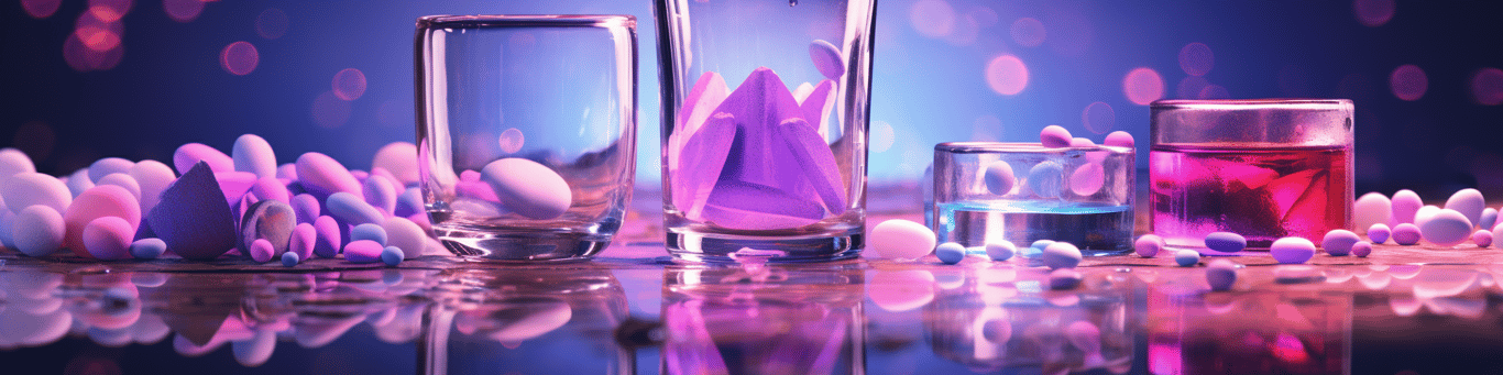 image of drug pills surrounding a glass of water symbolizing drug consumption