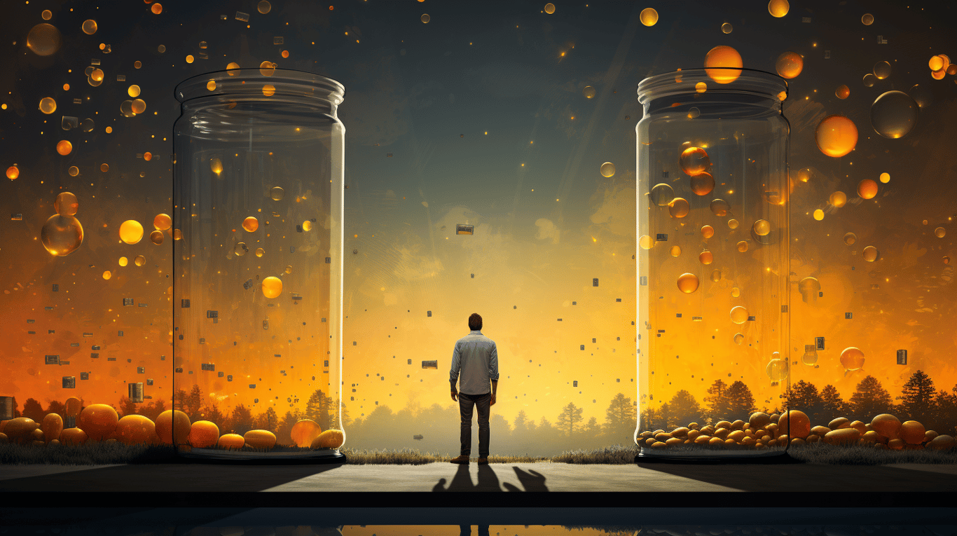 abstract image of a researcher studying a bottle of drug.