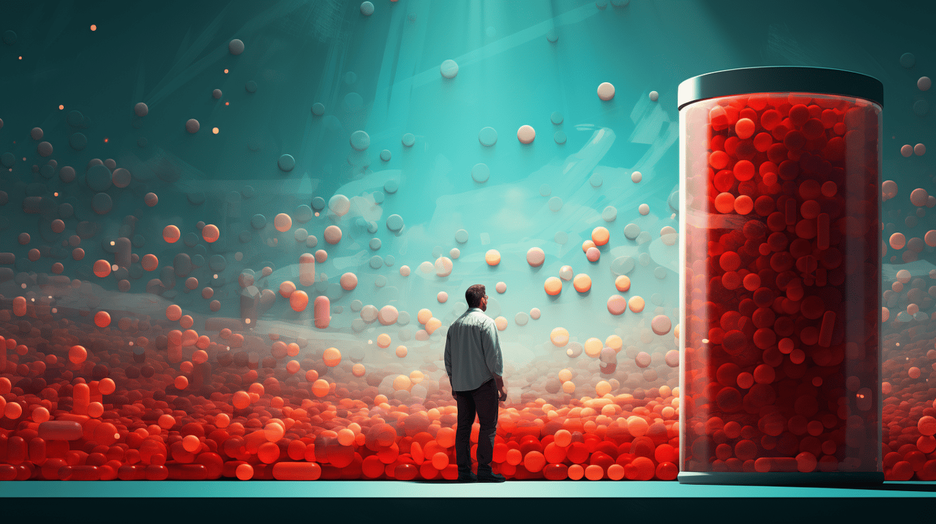 abstract image of a researcher studying a bottle of drug.