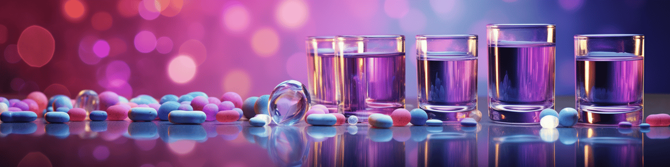 image of drug pills surrounding a glass of water symbolizing drug consumption