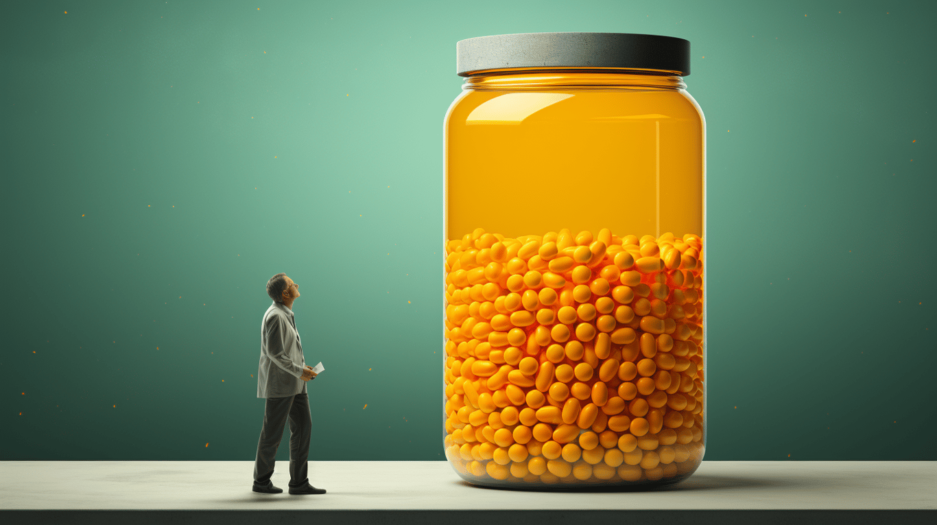 abstract image of a researcher studying a bottle of drug.