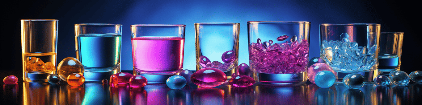 image of drug pills surrounding a glass of water symbolizing drug consumption