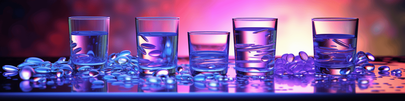 image of drug pills surrounding a glass of water symbolizing drug consumption