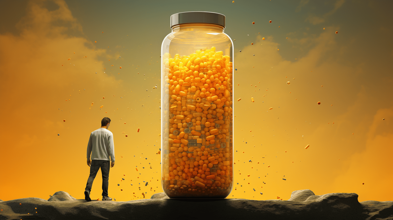 abstract image of a researcher studying a bottle of drug.