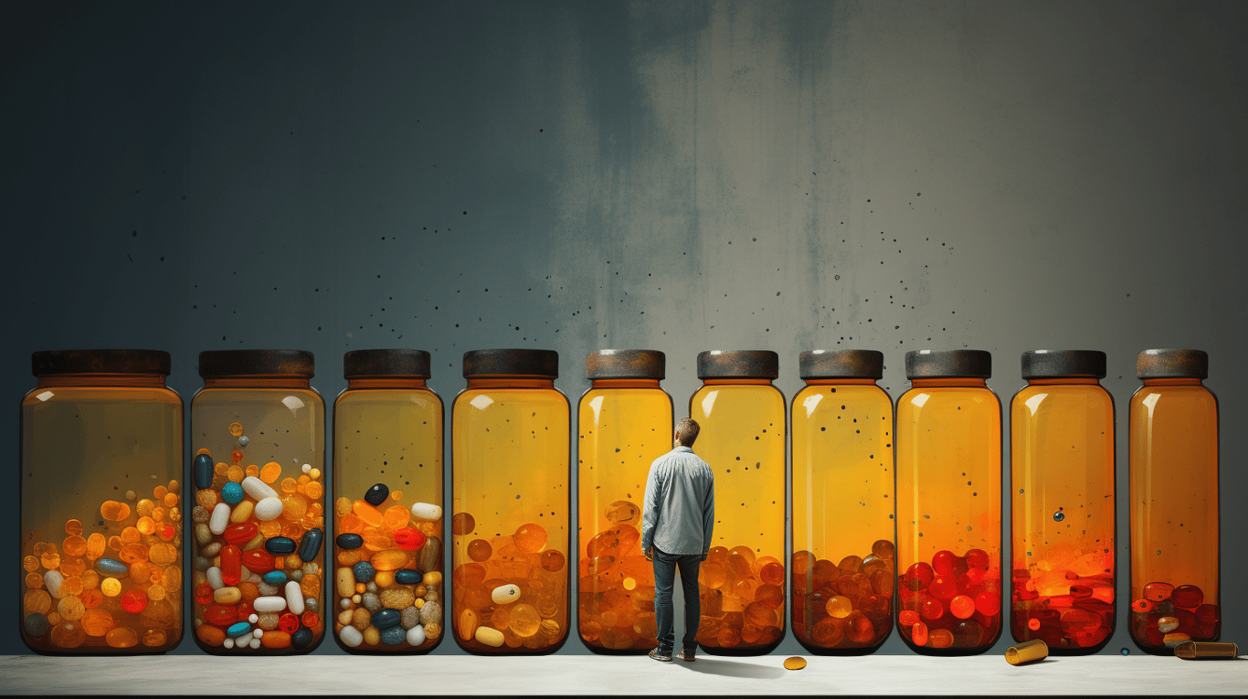 abstract image of a researcher studying a bottle of drug.