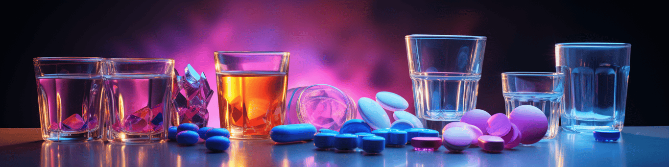 image of drug pills surrounding a glass of water symbolizing drug consumption