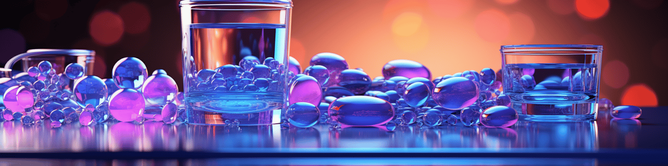 image of drug pills surrounding a glass of water symbolizing drug consumption