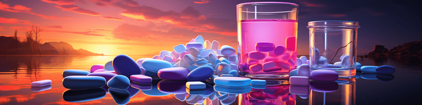 image of drug pills surrounding a glass of water symbolizing drug consumption