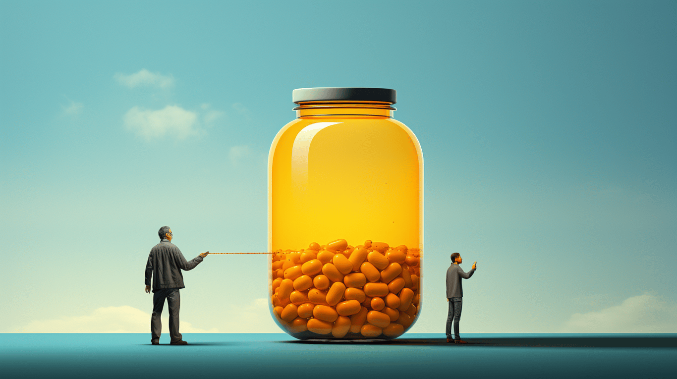 abstract image of a researcher studying a bottle of drug.