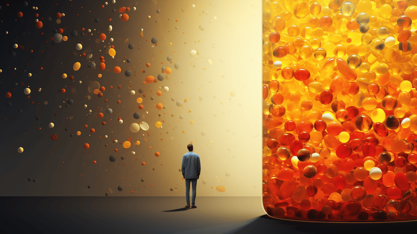 abstract image of a researcher studying a bottle of drug.