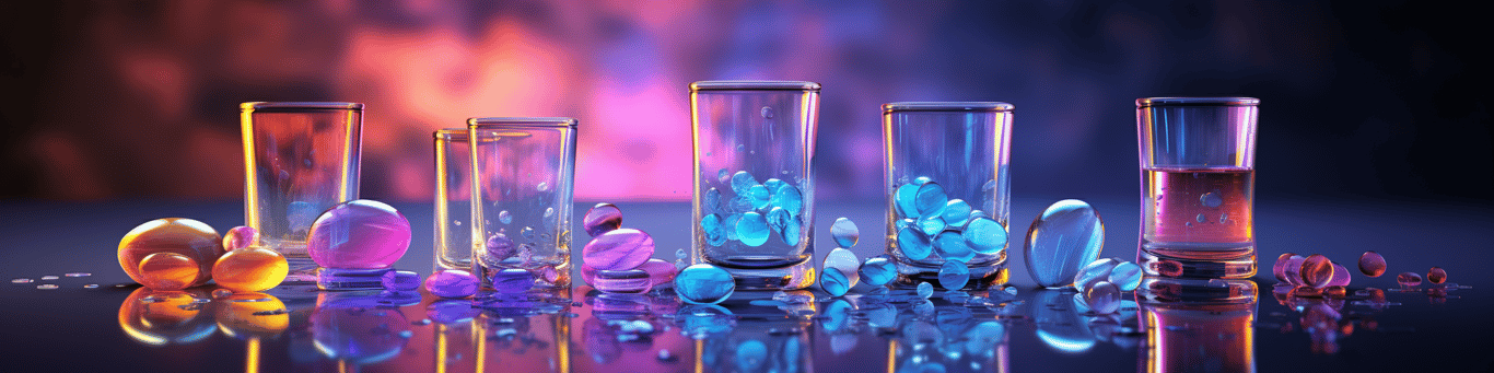 image of drug pills surrounding a glass of water symbolizing drug consumption