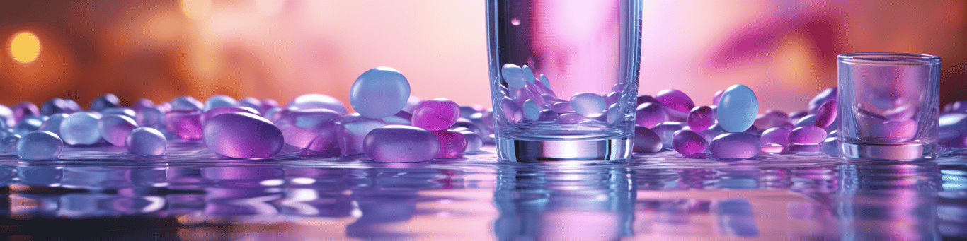 image of drug pills surrounding a glass of water symbolizing drug consumption