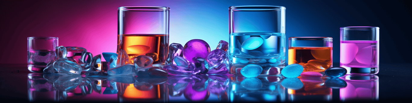 image of drug pills surrounding a glass of water symbolizing drug consumption