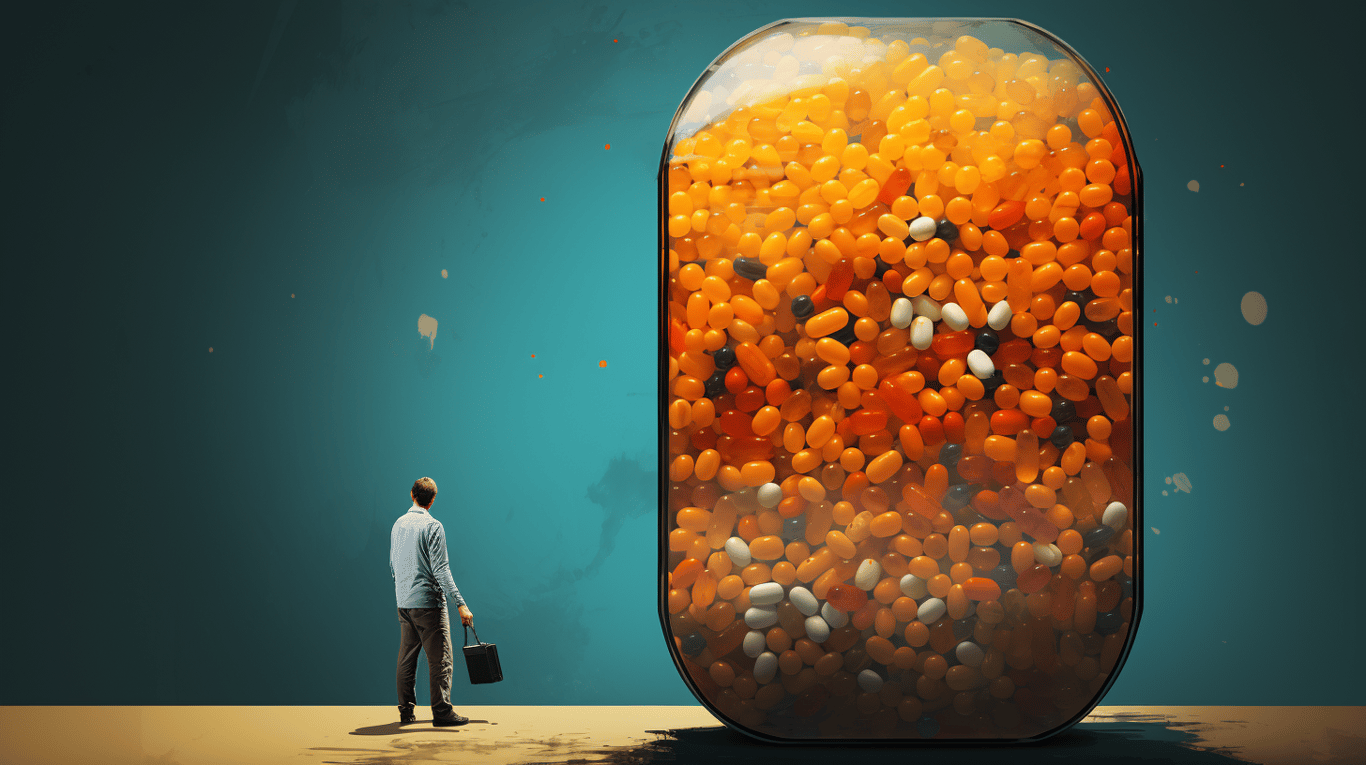 abstract image of a researcher studying a bottle of drug.