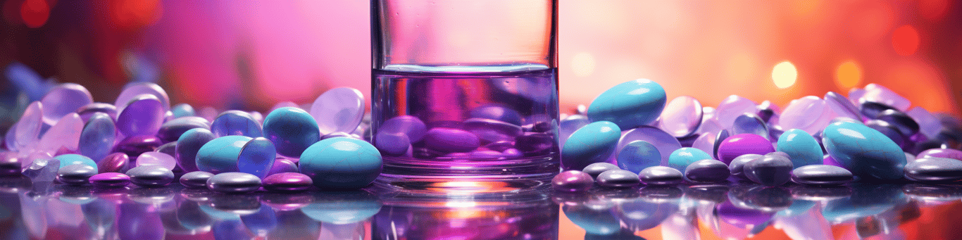 image of drug pills surrounding a glass of water symbolizing drug consumption
