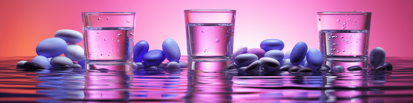 image of drug pills surrounding a glass of water symbolizing drug consumption