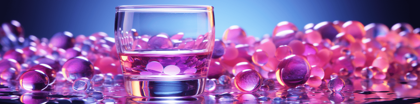 image of drug pills surrounding a glass of water symbolizing drug consumption