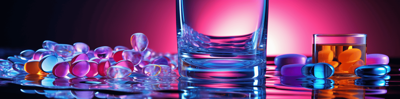 image of drug pills surrounding a glass of water symbolizing drug consumption